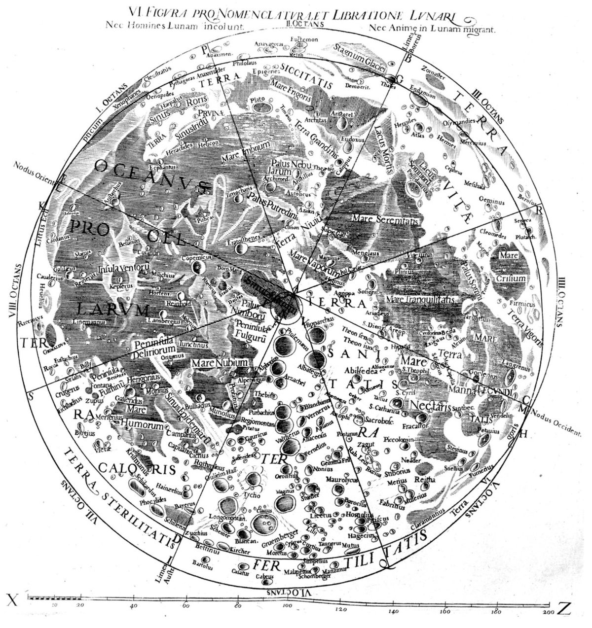 This map, made by G.B. Riccioli in 1651, is one of many that named features on the Moon.
