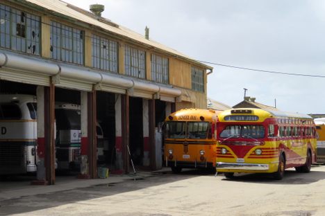 Pacific Bus Museum in April 2018. At right is Peerless Stages #246, the pride of the collection.
