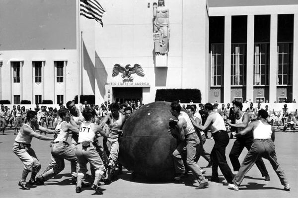 A police vs. firemen pushball game at the 1939 New York World's Fair.