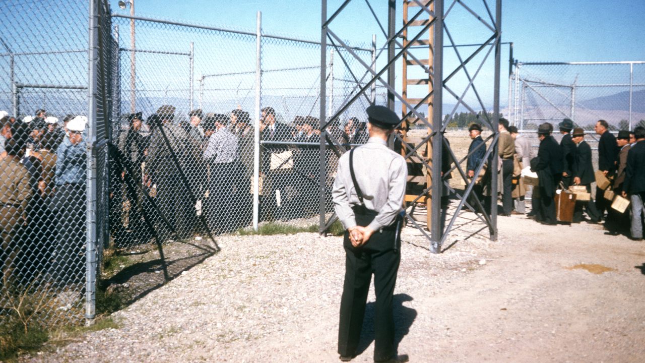 Interned Italians enter Fort Missoula in 1941.
