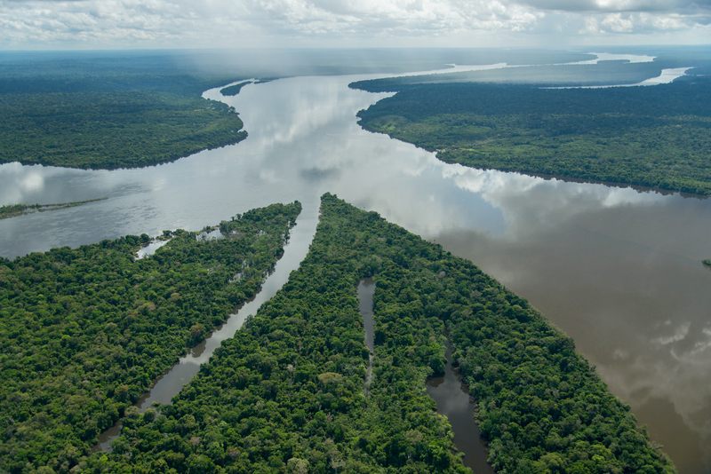 The confluence of two rivers in the Amazon.