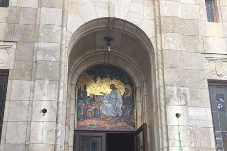 Church Entryway with Mosaic of Christ Teaching by Mahonri Young.