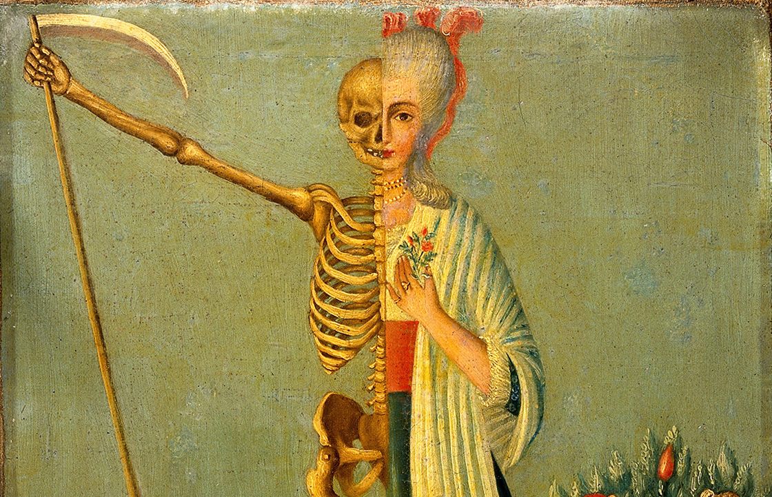 A detail from an oil painting, <em>Life and Death</em>, depicting half-woman, half-skeleton figure bearing a scythe, 18th century. 