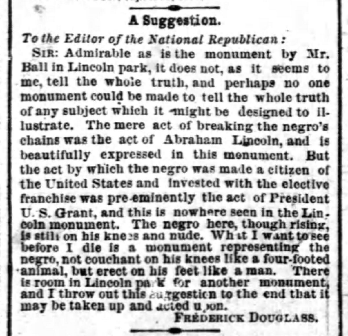 Douglass's letter to the <i>National Republican</i> included his diagnostic usage of the word "couchant."