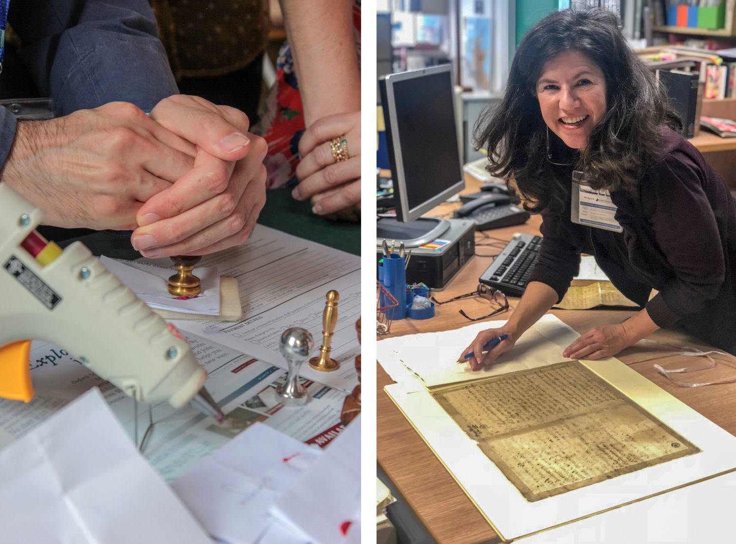 Details of workshop participants making models in Teddy Hall, University of Oxford (left); Dambrogio making a simulacrum of the “Last Letter of Mary Queen of Scots" (right).