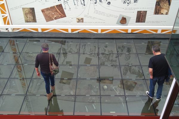 Walk on glass panels over the exposed mummies.