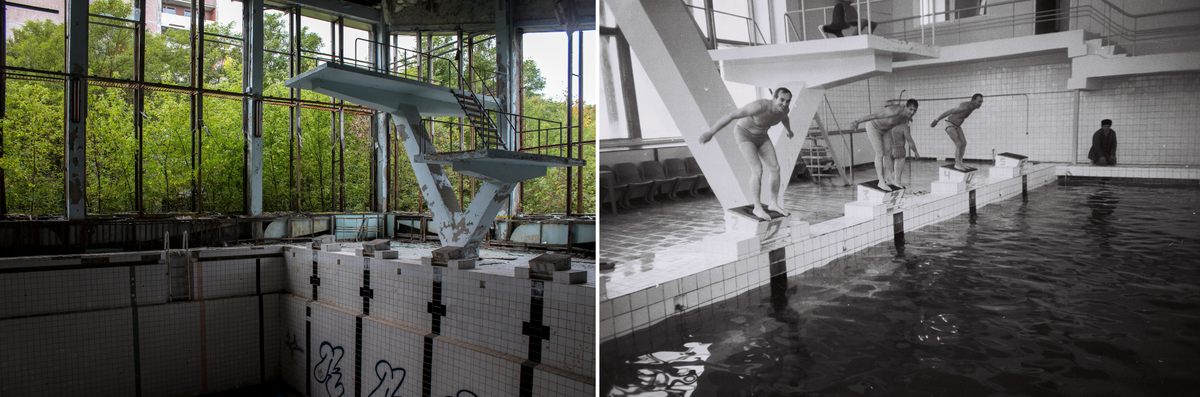 Pripyat’s main swimming pool was located inside a striking modernist building near the Palace of Culture. It was used as late as the 1990s by clean-up workers, but now the empty pool is graffitied, choked with litter and leaves, while bushes block the view out the dramatic floor-to-ceiling windows.