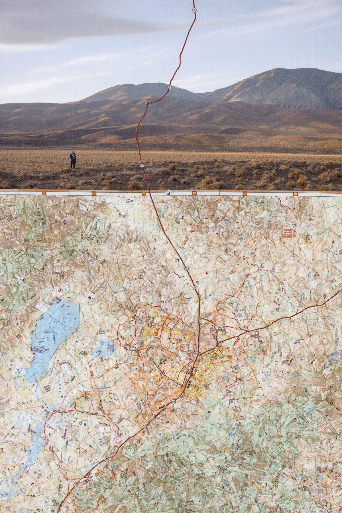 <em>Off the Beaten Trail</em> by Francesca Berrini and Lindsey Rickert couples a photograph with a collage made of pieces cut from a map of Highway 95 to create a vertical postcard commemorating their journey.