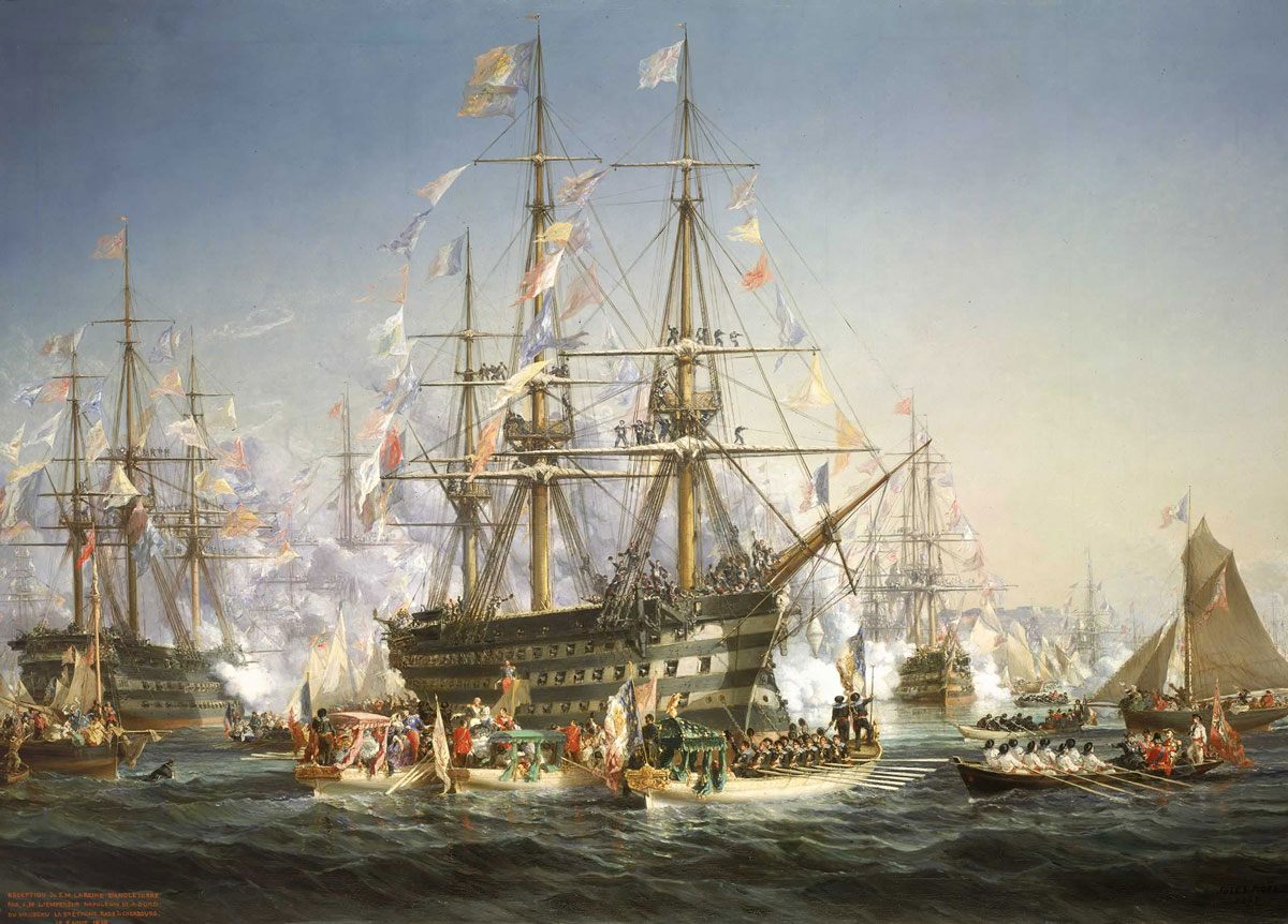A classic example of flag fare during the Age of Sail, <em>Napoleon III Receiving Queen Victoria at Cherbourg, 5 August 1858</em>, Jules Achille Noël.