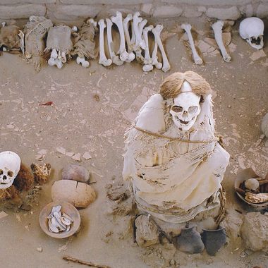 Nazca culture mummies and skulls cemetry in Peru