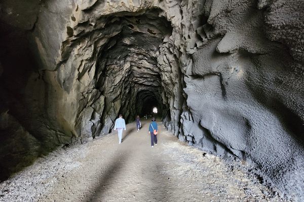 Repaired entrance to first tunnel, where shotcrete has been applied to stabilize the wall on the right.