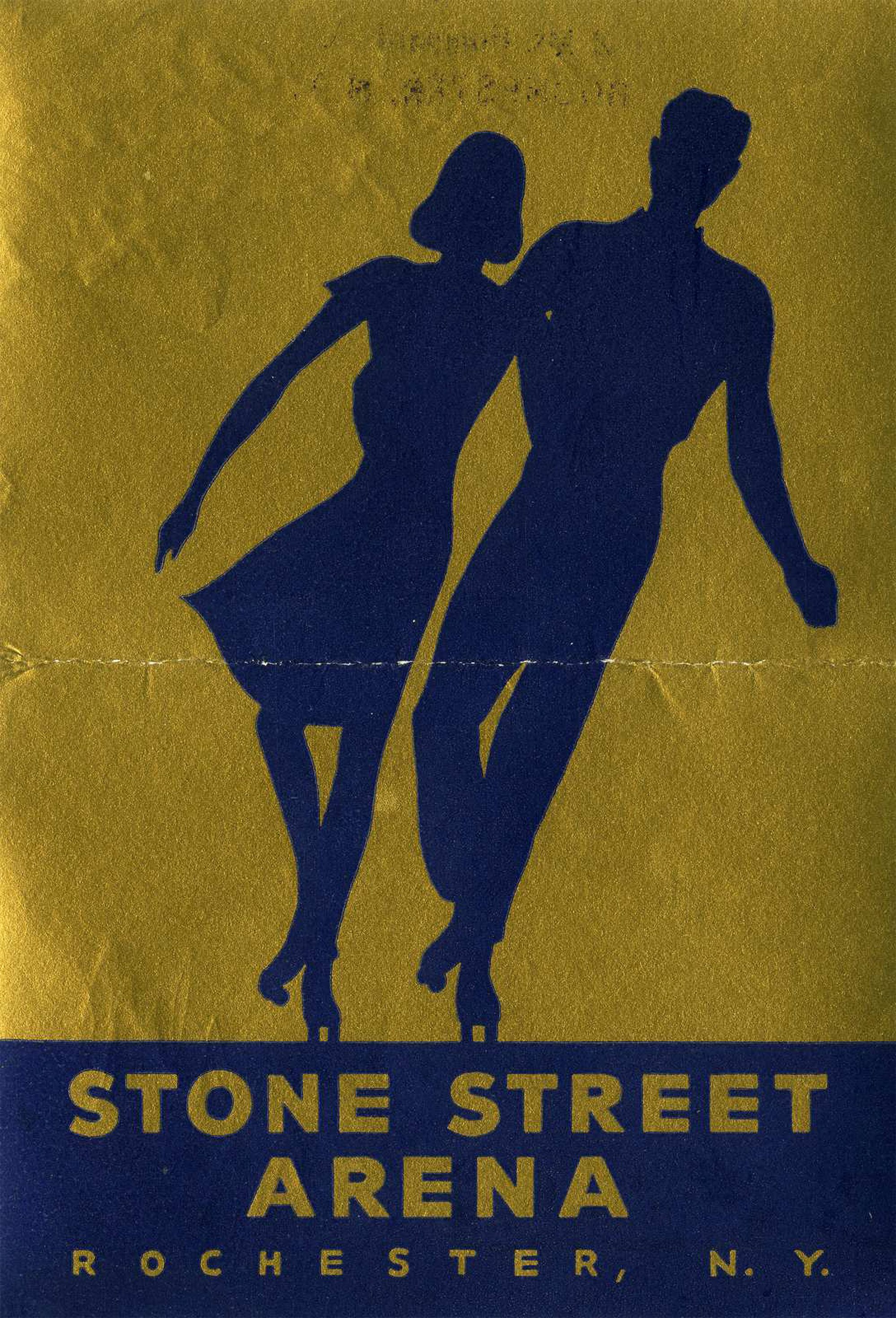 A skating couples' silhouette on the Stone Street Arena sticker, Rochester, New York.  