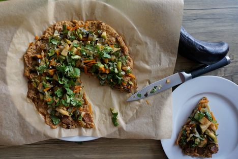 One of Anna Kharzeeva's adaptations of the "Soviet pizza" recipe.