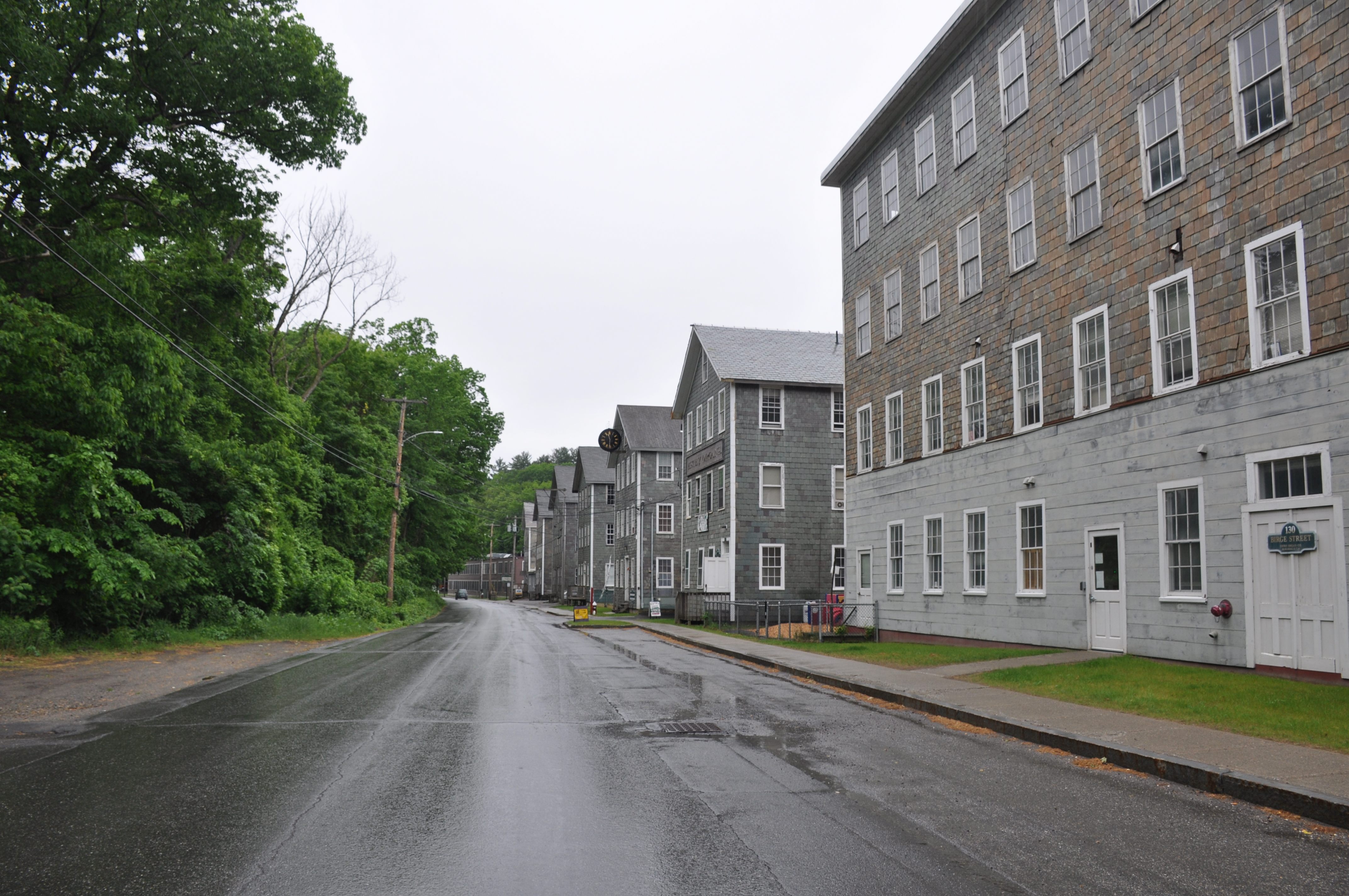 Almost all of the old factory buildings are still intact, identified by their distinctive slate shingles. 