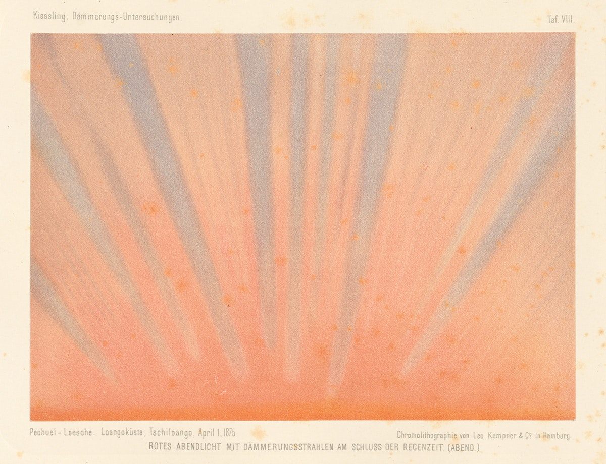 The sun's rays at twilight on the coast of present-day Republic of Congo.