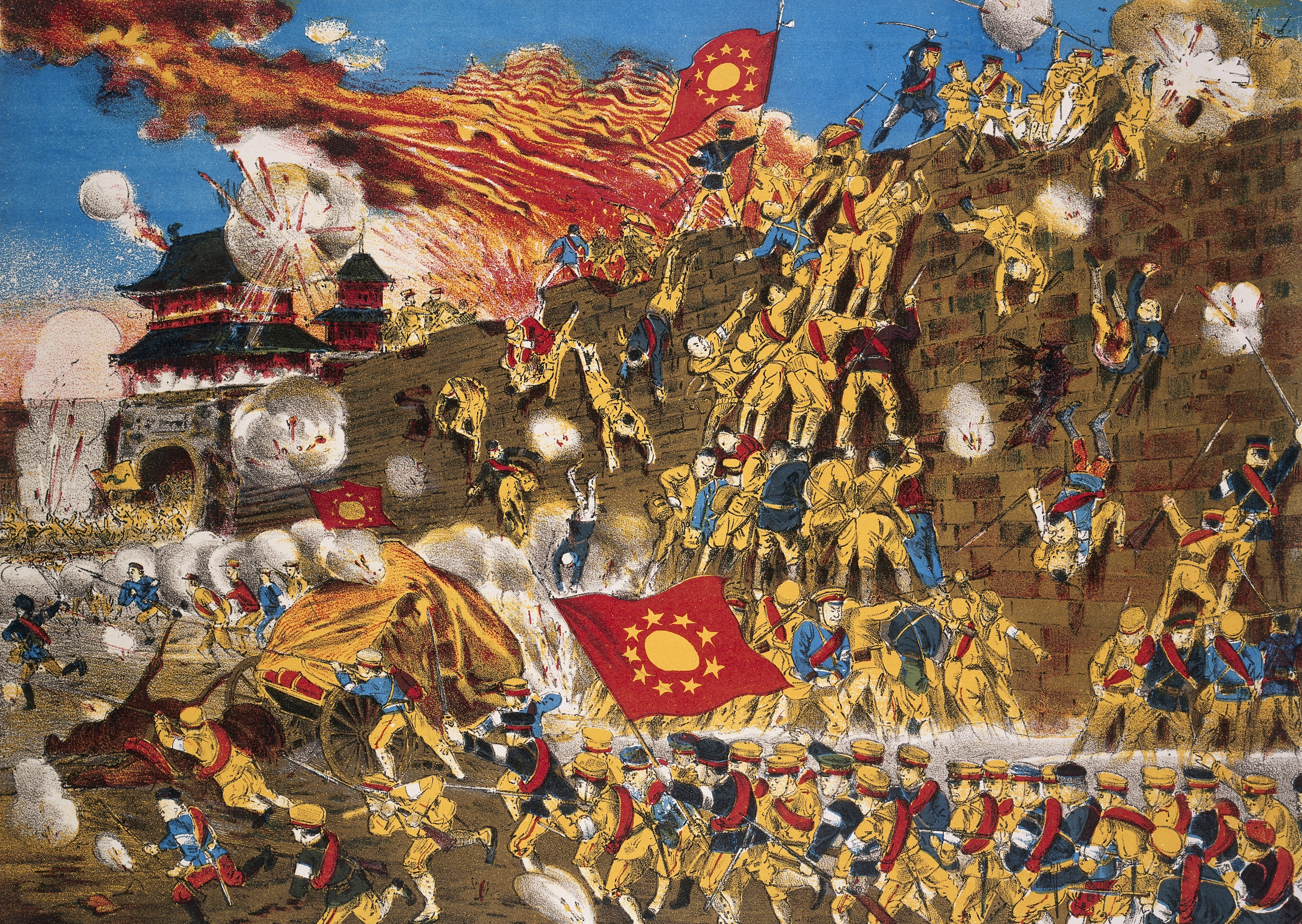 A 1920s color lithograph depicts one of the revolutionary battles that led to the end of Manchu control.