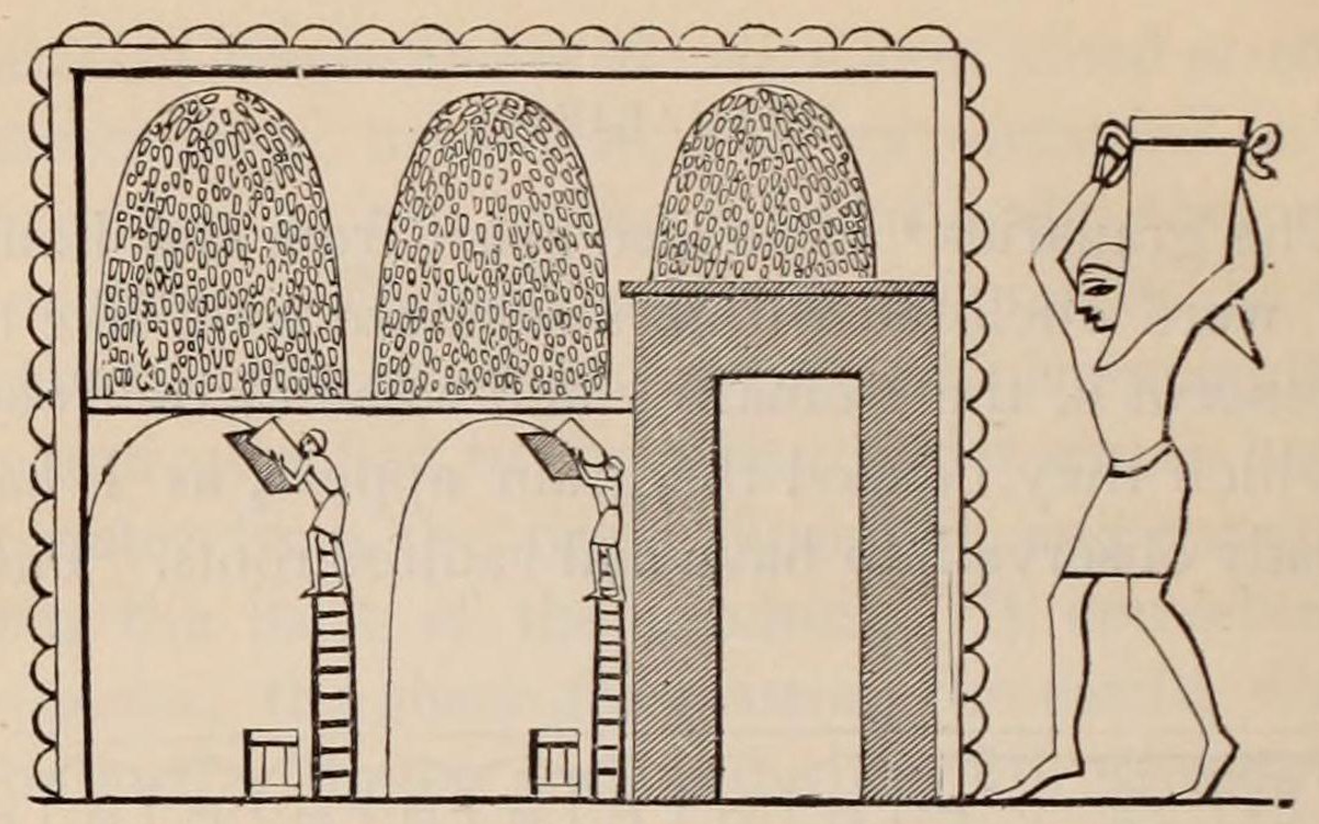 An 1847 woodcut by Sir John Gardner Wilkinson depicting the beehive-shaped granaries of Thebes in ancient Egypt.