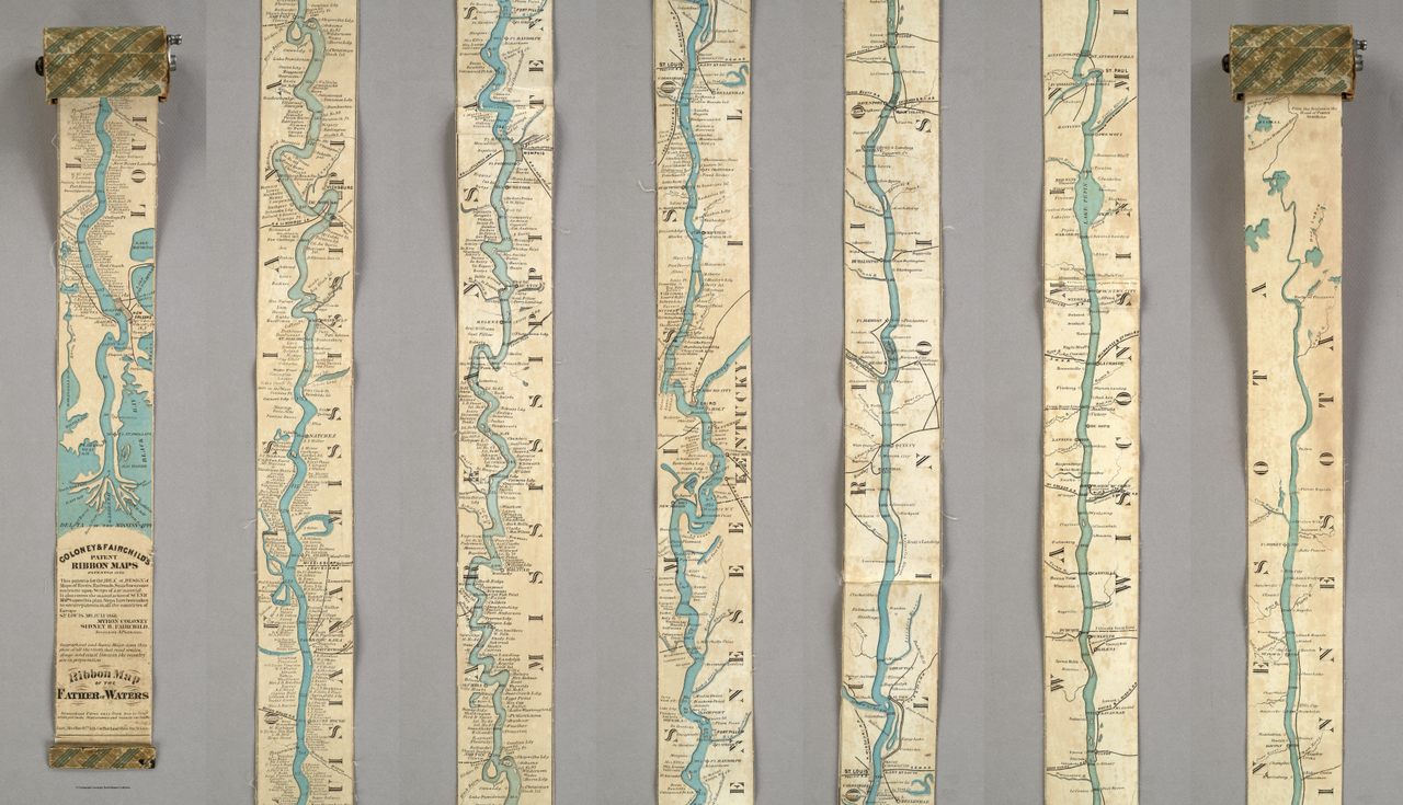 The <em>Ribbon Map of the Father of Waters</em>—pictured rolled up (left) and fully extended (right)—was meant to be wrapped around a spool and brought on steamboat trips.