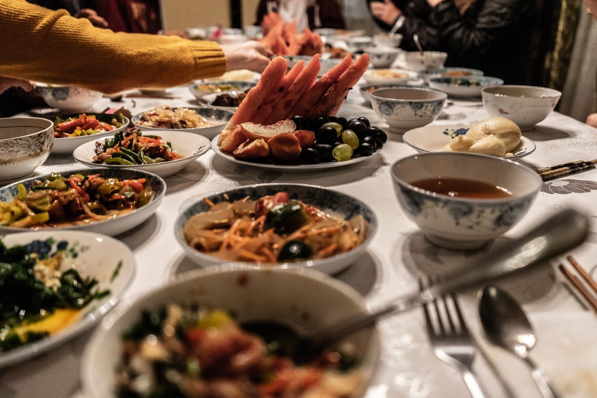 A family dinner of foods very similar to those of the Muslim Hui people in China.