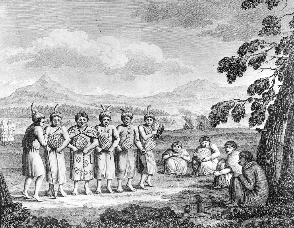 A depiction of a group of Tlingit people performing a war dance before the 1802 attack on the Russian trading post. 