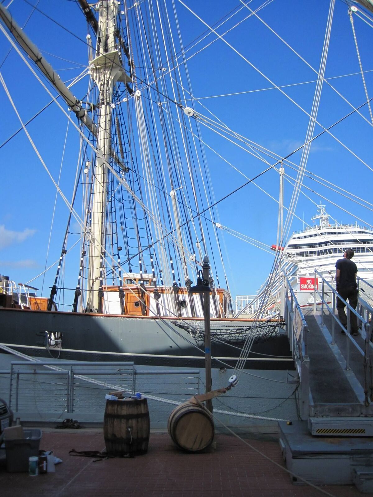 Barrels of water in front of the Elissa, shortly before they were hoisted onboard.