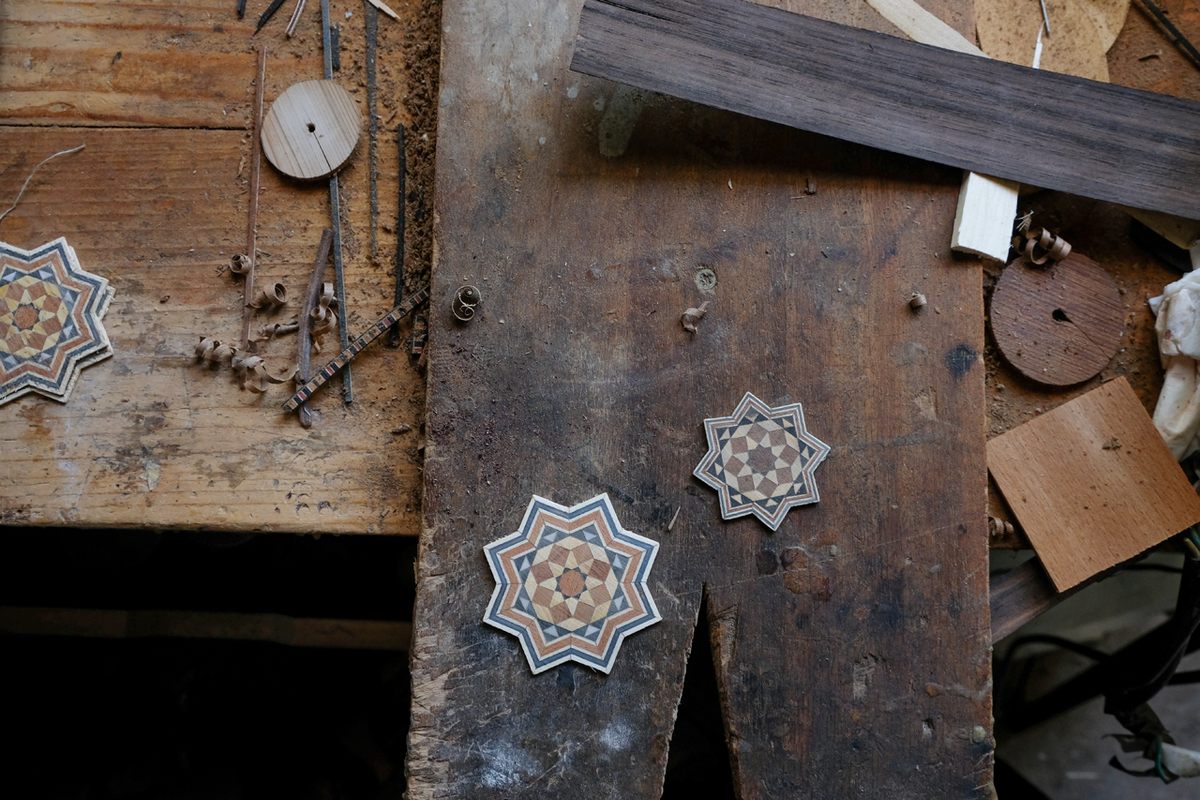 Many of Ghadban’s instruments are decorated with intricate stars and geometrical figures.