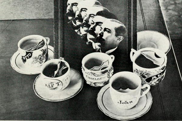 A photo of the Ringling Brothers and their mustache cups. 