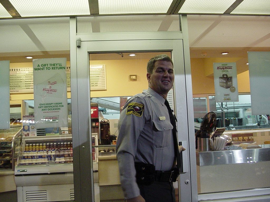 A North Carolina police officer visits a Krispy Kreme during his first day on the job.