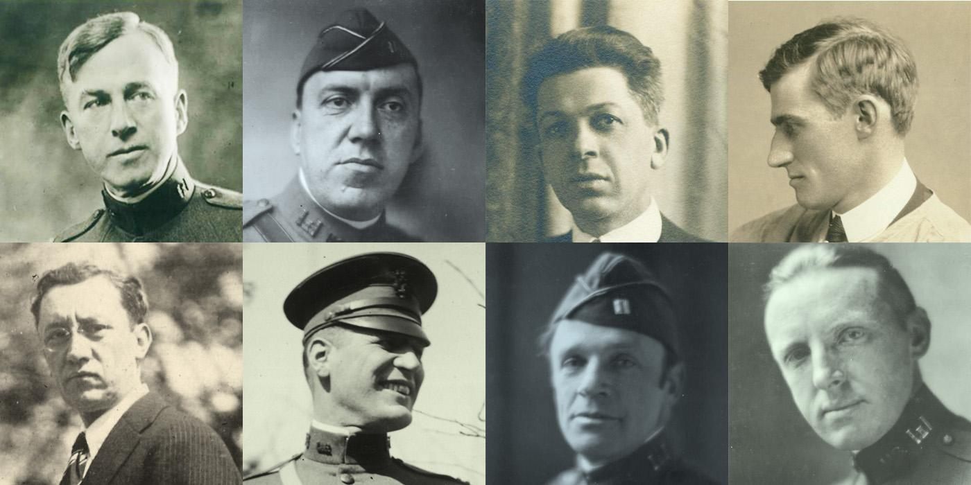 The AEF Combat Artists (clockwise from top left: William James Aylward, J. André Smith, Harry Everett Townsend, George Matthews Harding, Walter Jack Duncan, Ernest Clifford Peixotto, Harvey Thomas Dunn, Wallace Morgan).