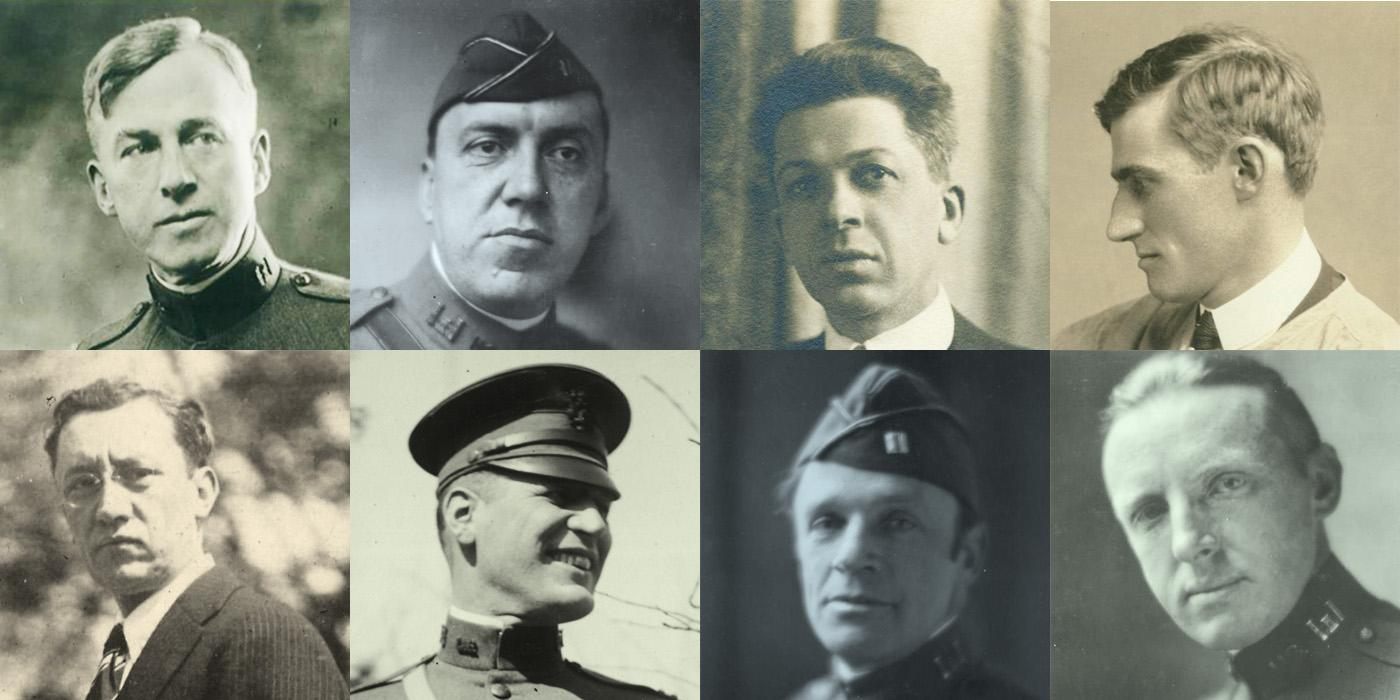 The AEF Combat Artists (clockwise from top left: William James Aylward, J. André Smith, Harry Everett Townsend, George Matthews Harding, Walter Jack Duncan, Ernest Clifford Peixotto, Harvey Thomas Dunn, Wallace Morgan). 