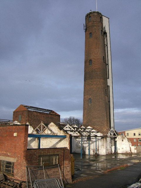 The Chester shot tower, with Leadworks buildings in shambles.
