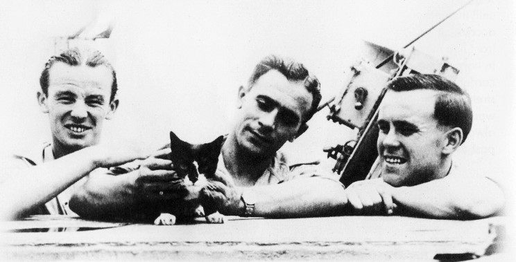 Sailors from the British ship HMS <em>Amethyst</em> playing with Simon.