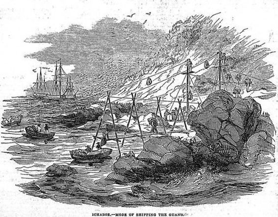 An 1844 illustration shows shipping methods at Ichaboe Island.