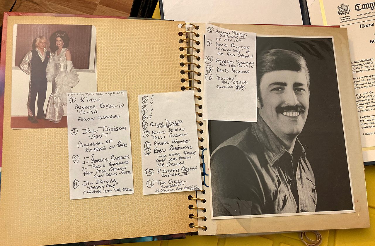 One of Jerry Weller's photo albums, with notes that Patti May gave to GLAPN identifying people in the pictures.