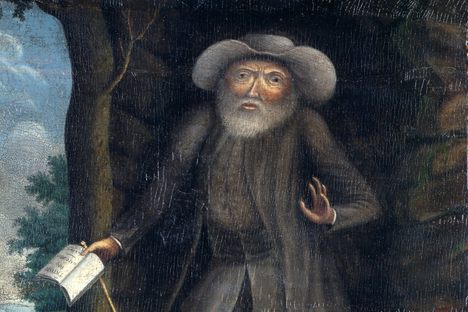 This 1790 portrait of Benjamin Lay, by William Williams and his apprentice, depicts Lay in front of his cave. The basket of vegetables beside him is a hint of his vegetarianism.