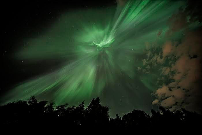 Looking straight up from Anchorage, AK the auroras create the breathtaking pattern known as the “corona effect” on August 23, 2015 at 12:40 am