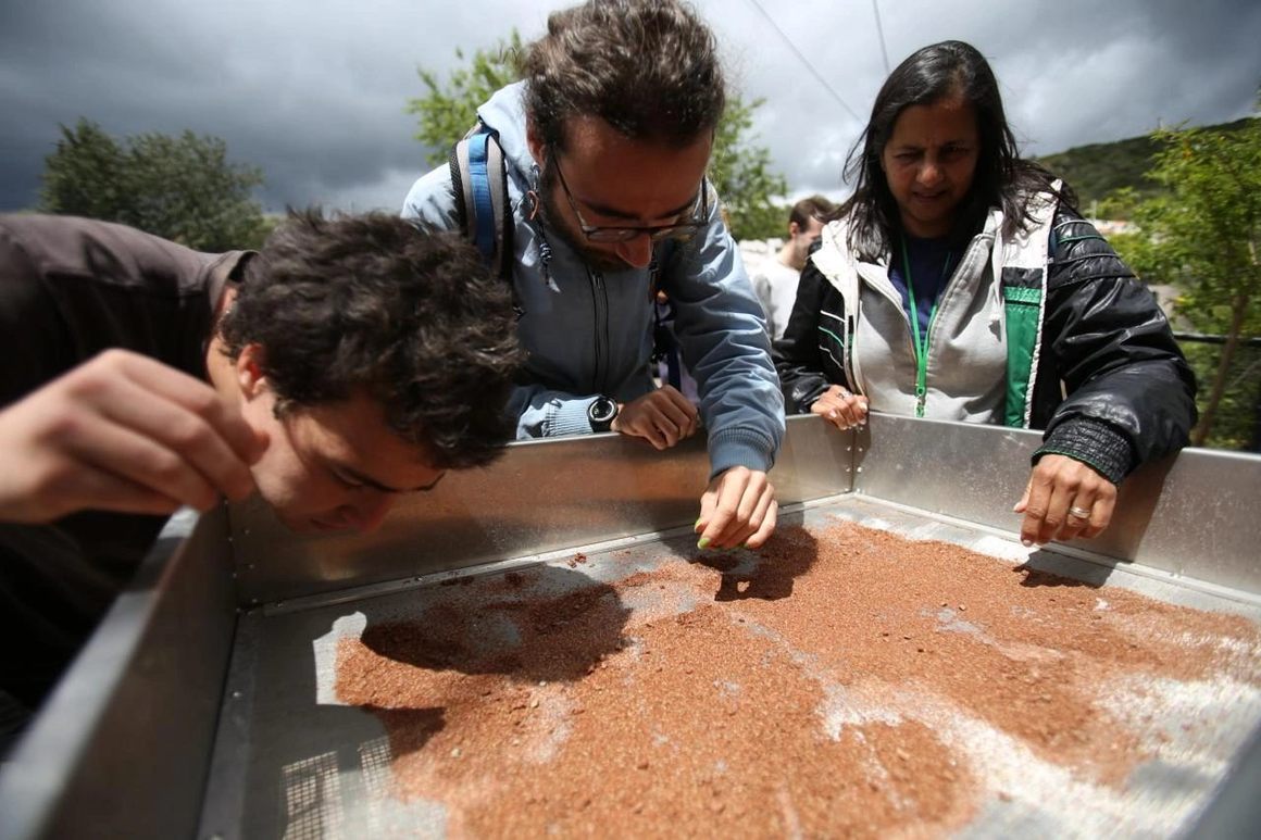 Team members sort sieved sediment for fossils too small to spot in the ground.