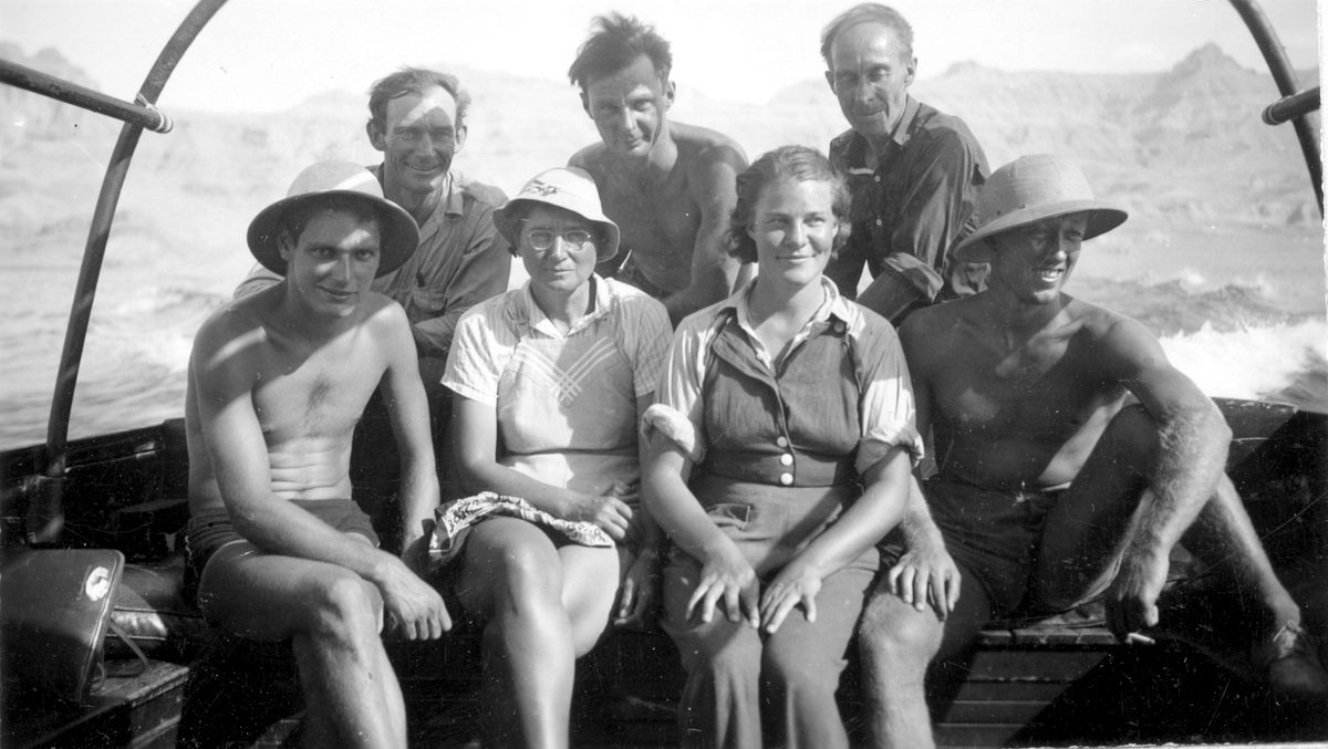 In 1938, Elzada Clover (first row, second from left) and Lois Jotter (first row, second from right) were the first non-Indigenous women to raft the Colorado River through the Grand Canyon.