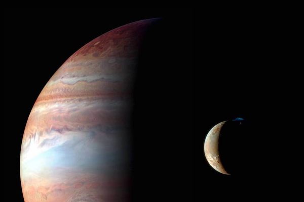 This family portrait of Jupiter and Io, one of its moons, is a montage of images taken by the New Horizons spacecraft in 2007. 