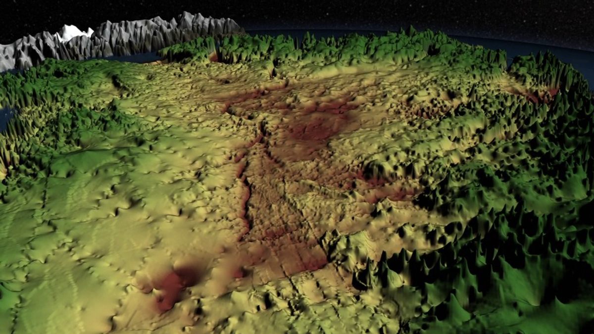 Greenland's massive canyon, the dark red-brown feature at center, is as big as the Grand Canyon, but entirely beneath the island's ice sheet.