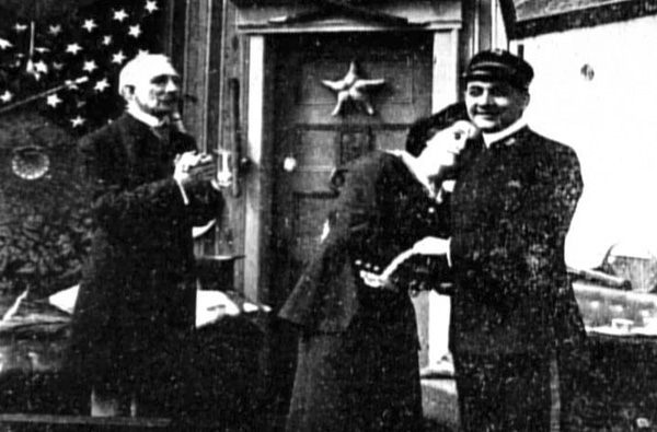 A production still of <em>Saved from the Titanic</em>, showing Gibson at center.