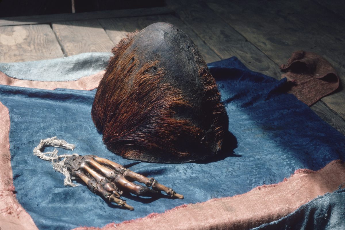 A preserved skull and hand said to be that of a yeti on display at Pangboche monastery. The Hillary expedition concluded that the hand was made up of human bones.