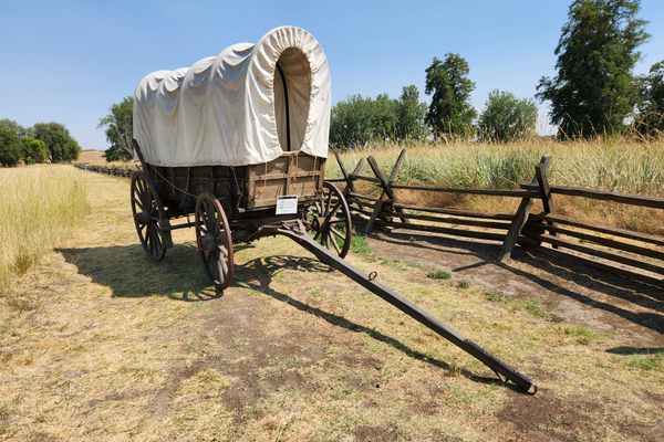 A reconstructed “prairie schooner” as it might have appeared on the Oregon Trail.