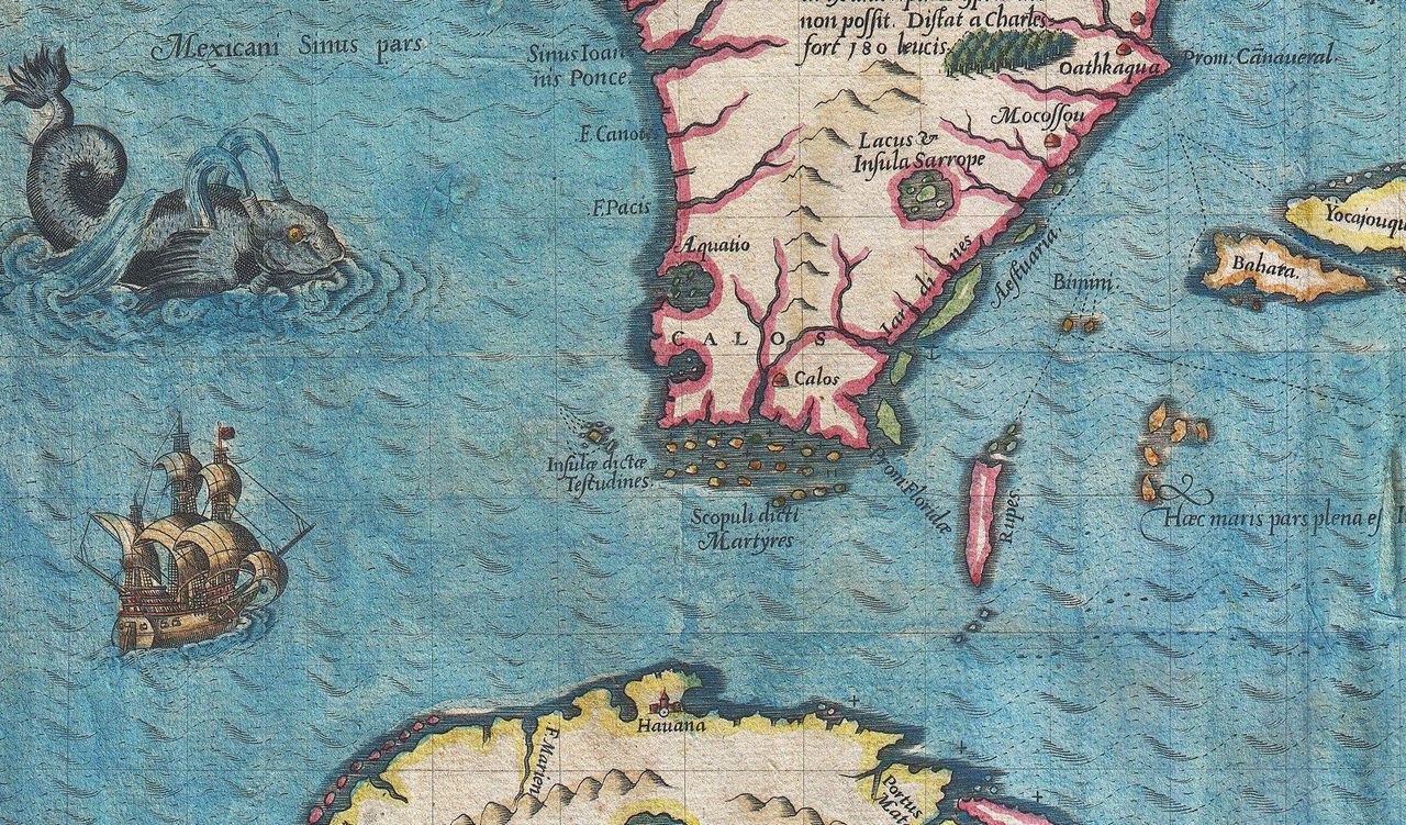 A late 16th-century map notes the territory of "Calos" near the southern tip of Florida, but the Calusa actually controlled most of the peninsula's southwest.