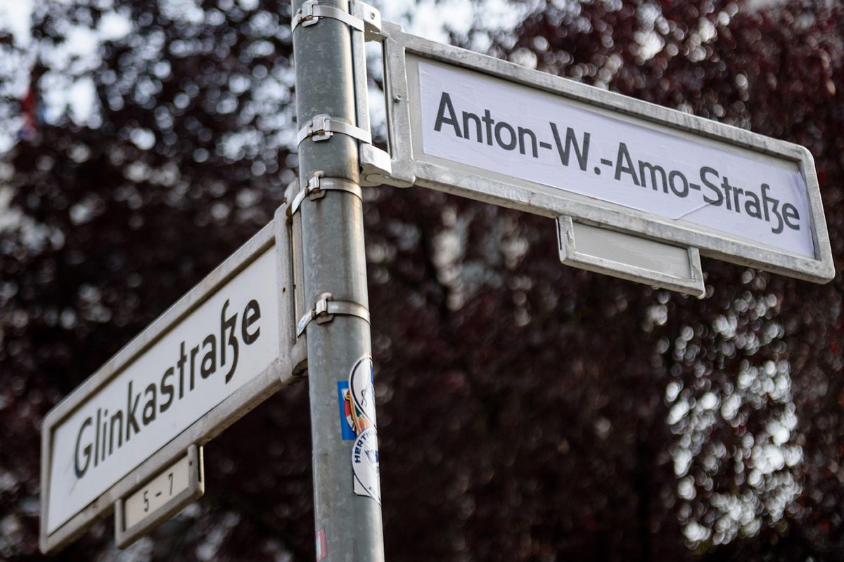 Mohrenstraße or “Moor Street,” will be renamed Anton-Wilhelm-Amo-Straße, after an Afro-Prussian noble. Until this happens officially, protestors sometimes paste the new street name over the old one.*