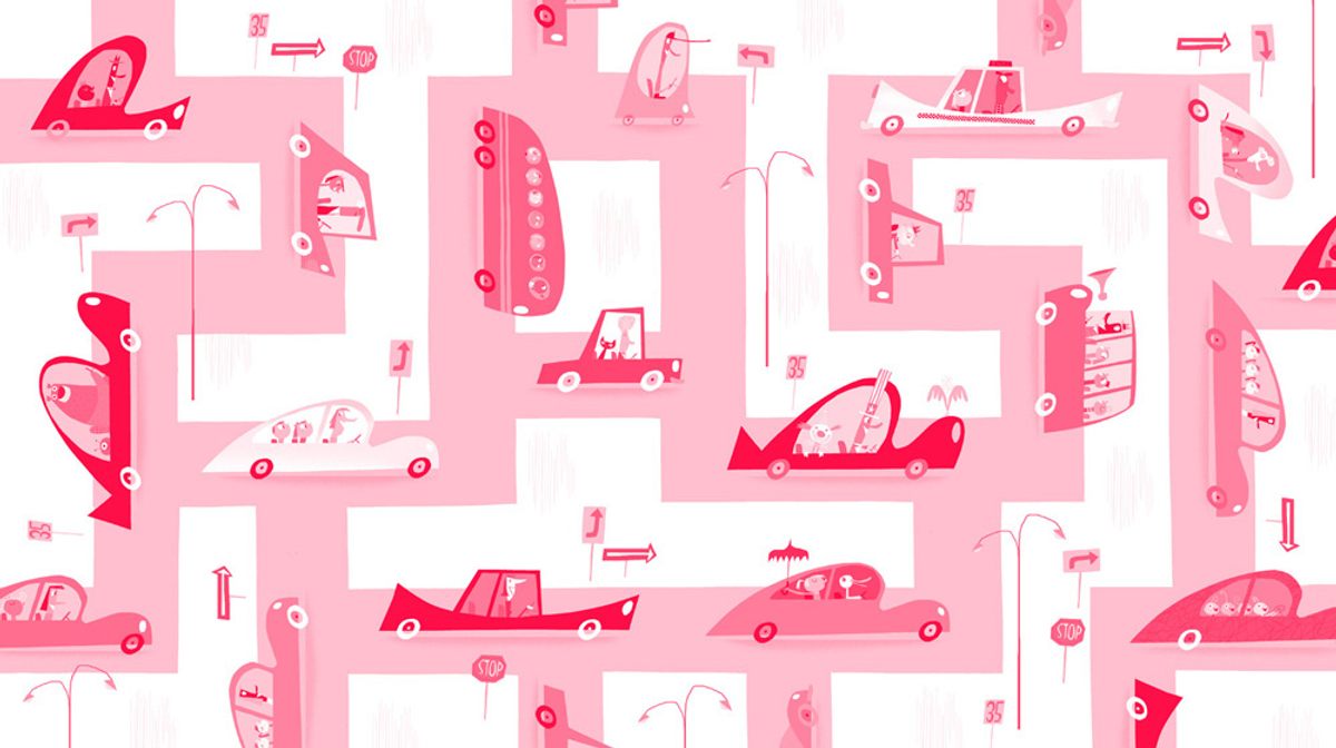 Endpapers for <em>Cars Galore</em>, a children's book by Peter Stein and Bob Staake.