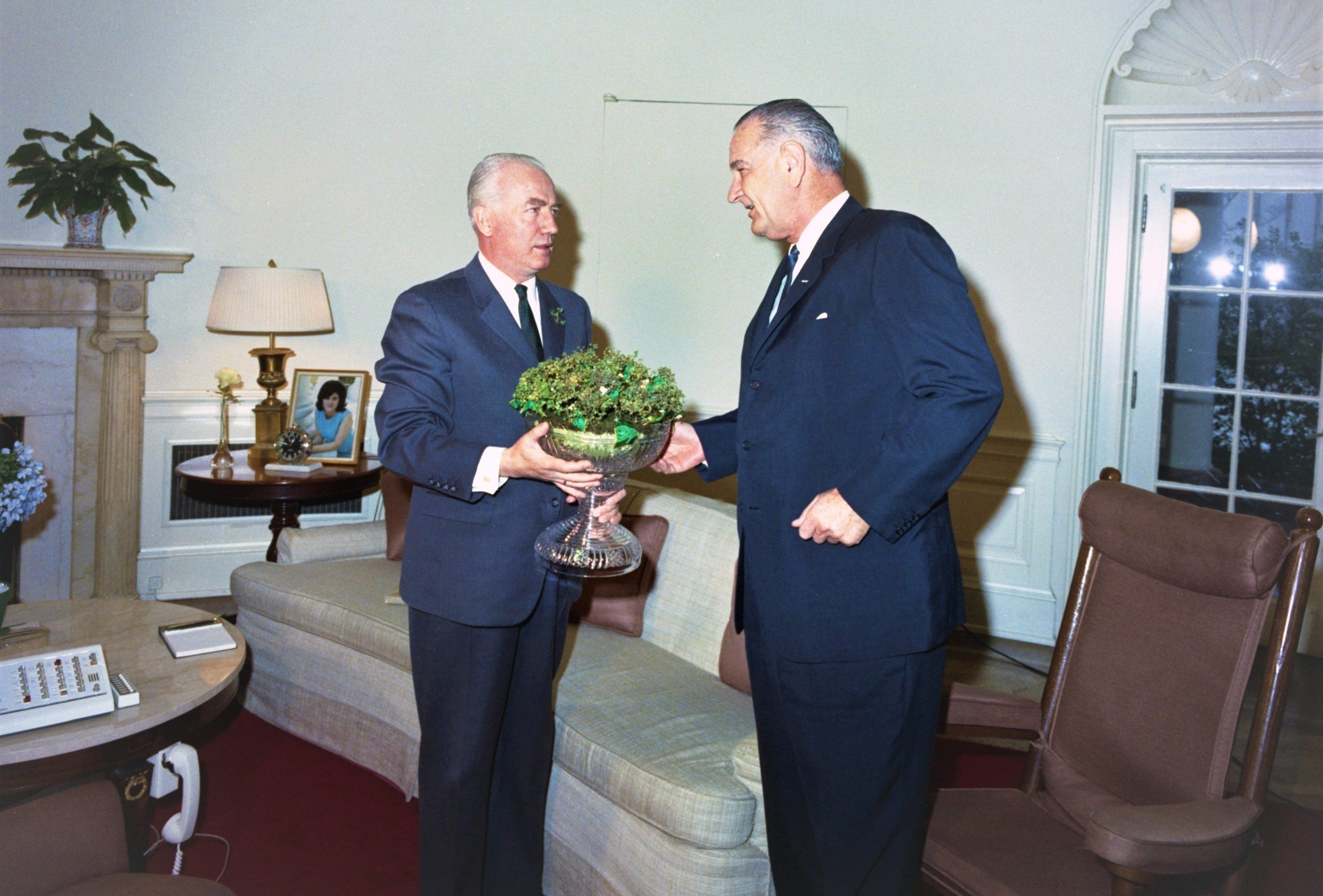 Ambassador of Ireland William P. Fay and LBJ with a shamrock-filled Waterford crystal bowl.