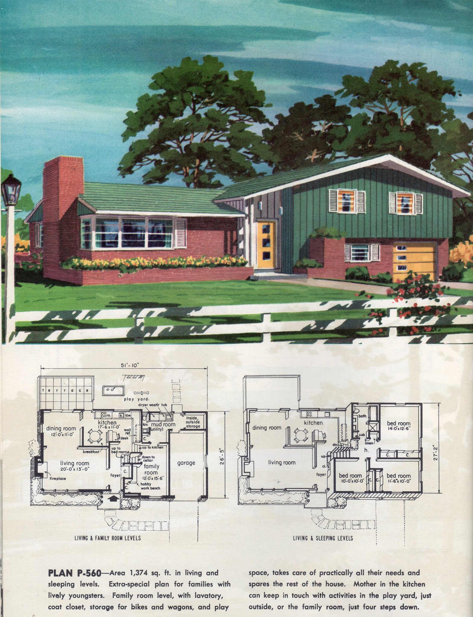 A house plan from 1960, showing one upstairs bathroom and one downstairs toilet.