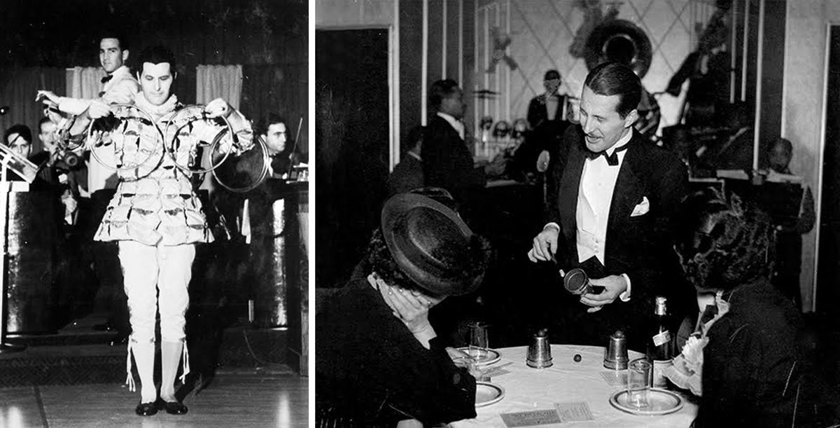 From left: Dai Vernon performing his Harlequin Show at the Rainbow Room c. 1938; Vernon at the Kit Kat Club c. 1936.