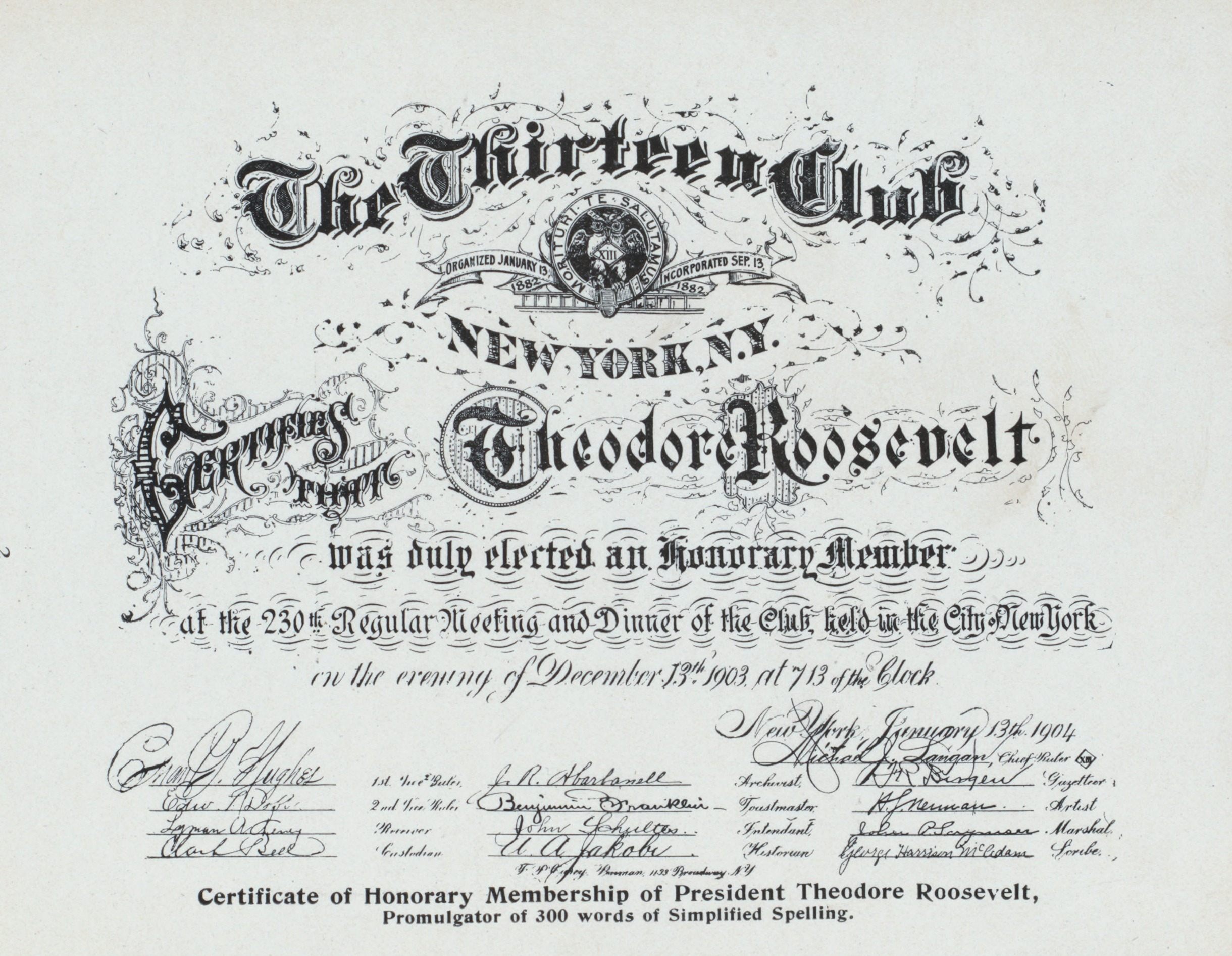 A certificate naming Theodore Roosevelt as an honorary member of the Thirteen Club.